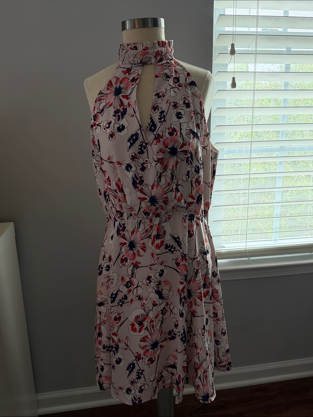 Parker One-Shoulder Floral Dress in Light Pink with Red & Navy Accents